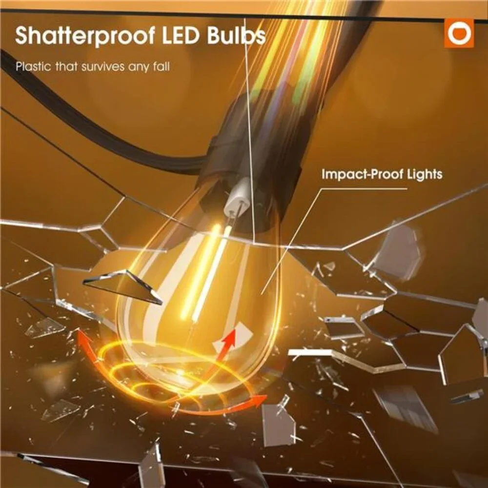 50FT LED Outdoor String Lights with Edison Shatterproof Bulbs, Weatherproof